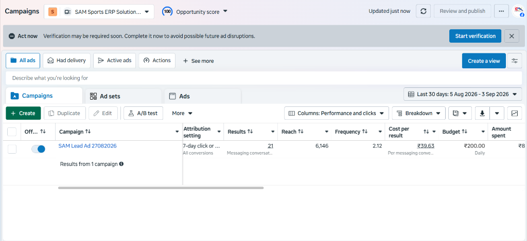 SAM Sports ERP Meta Ads Proof